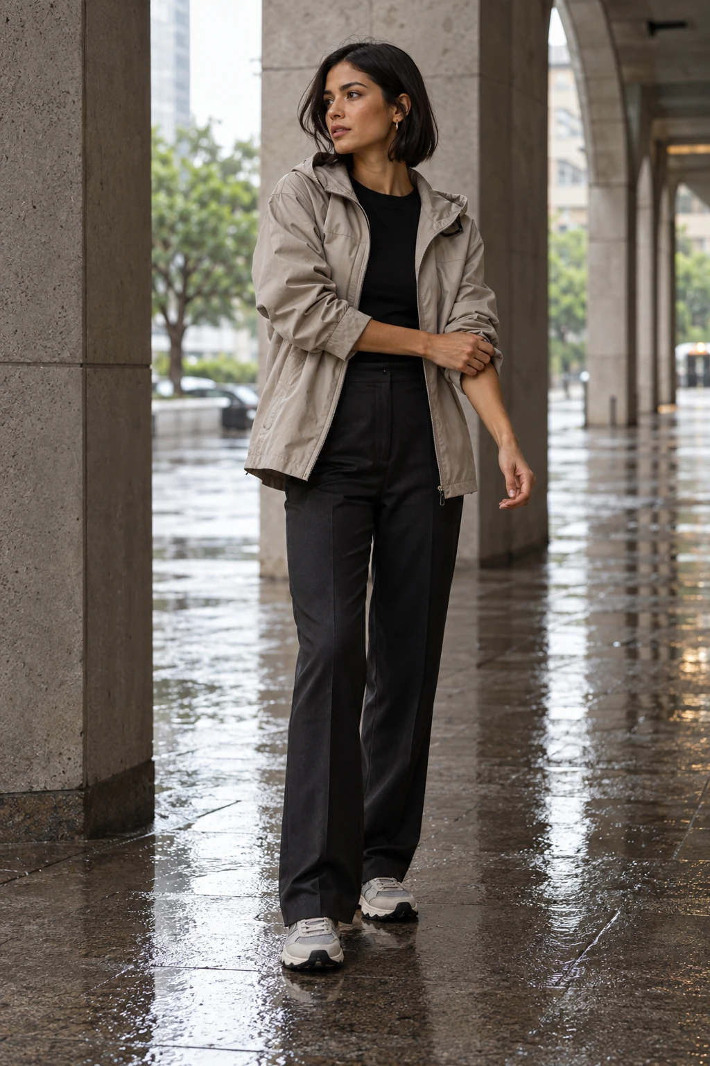 A woman adjusting a stone hooded rain shell over a black top and dark trousers beneath a modern São Paulo arcade after a shower.