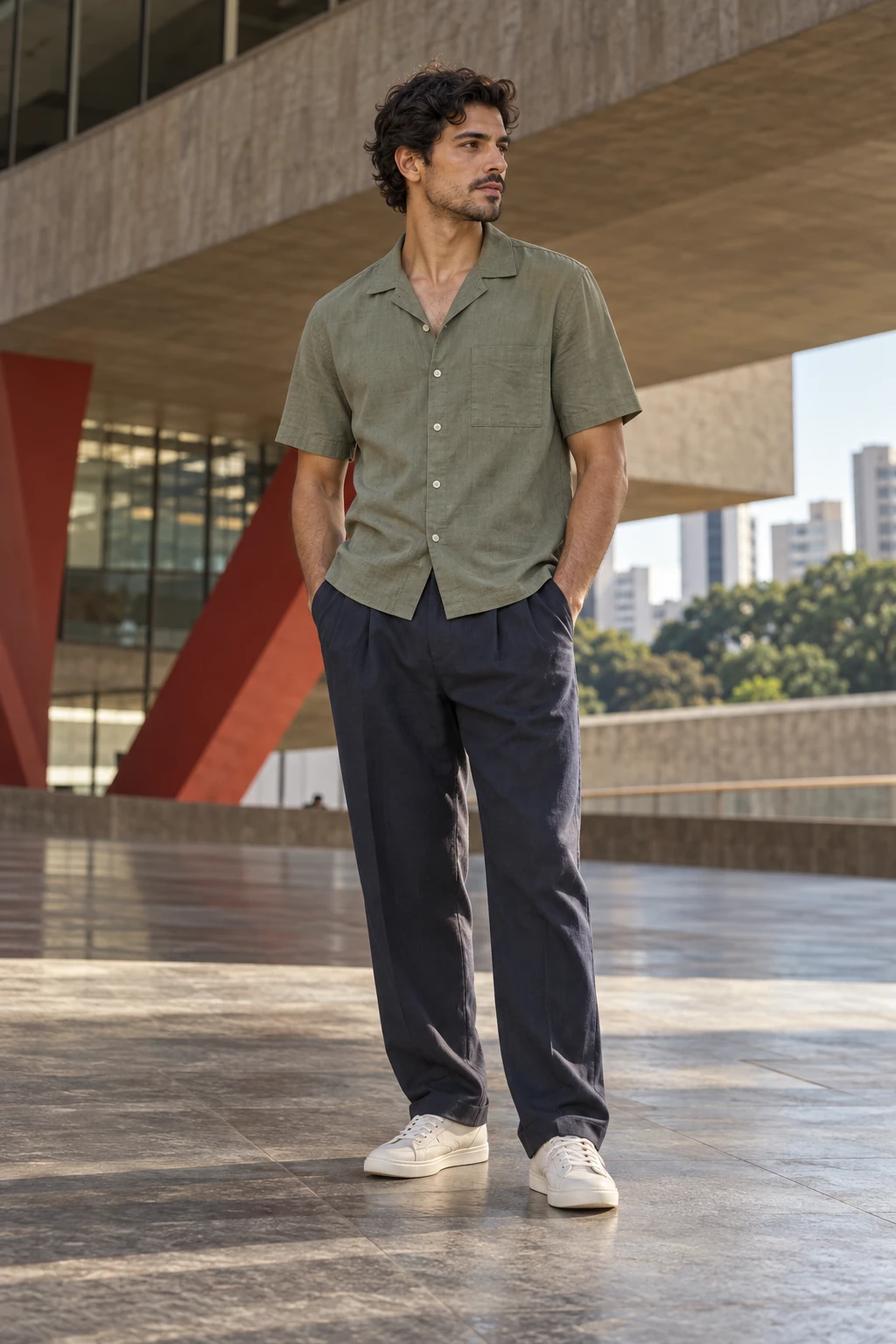 A man in a sage camp-collar shirt, easy navy trousers and off-white trainers beside São Paulo-inspired modernist architecture.