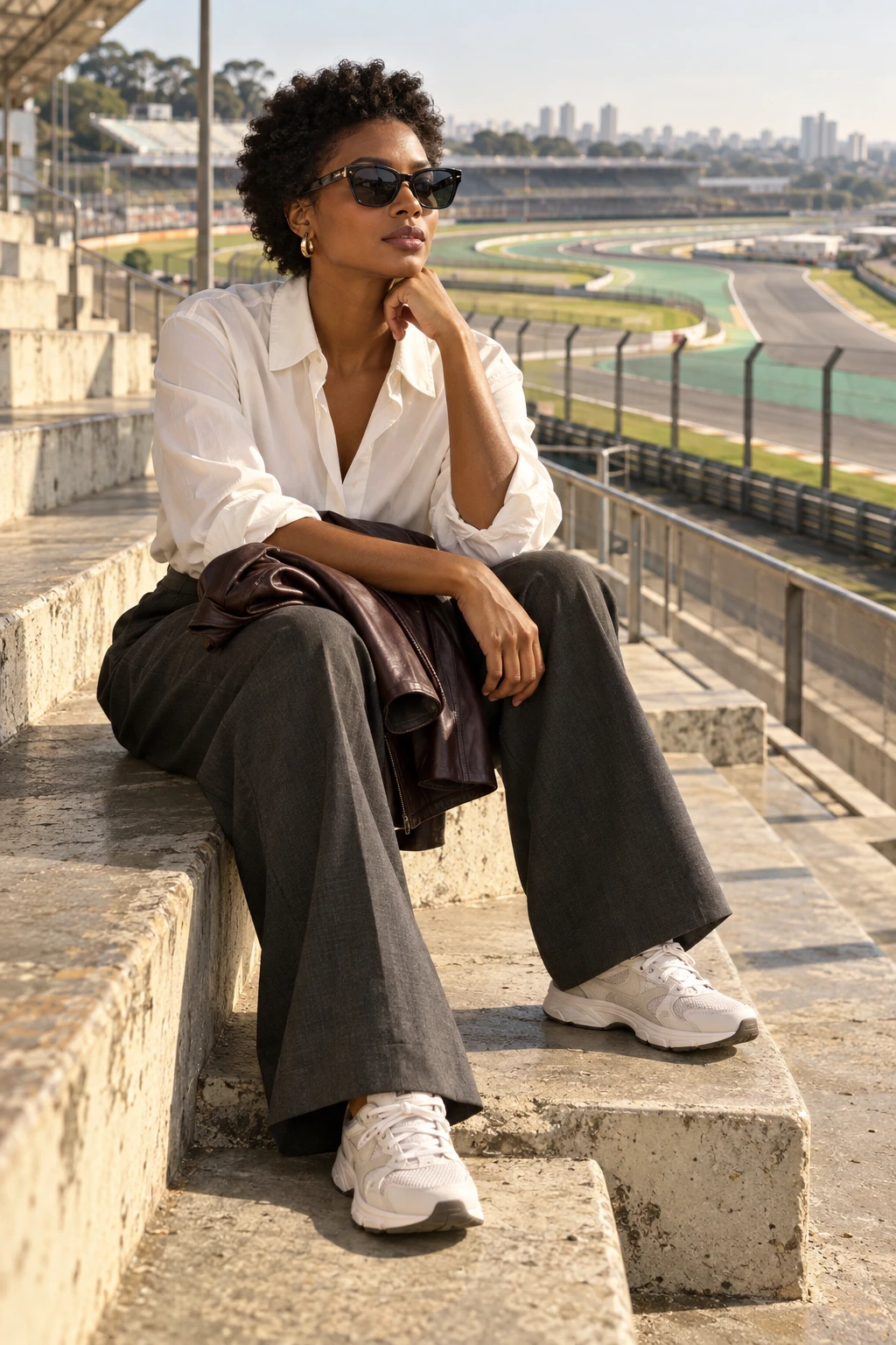 A woman seated at an Interlagos-inspired grandstand in an ivory poplin shirt, wide charcoal trousers and comfortable trainers, with a light jacket on her lap.