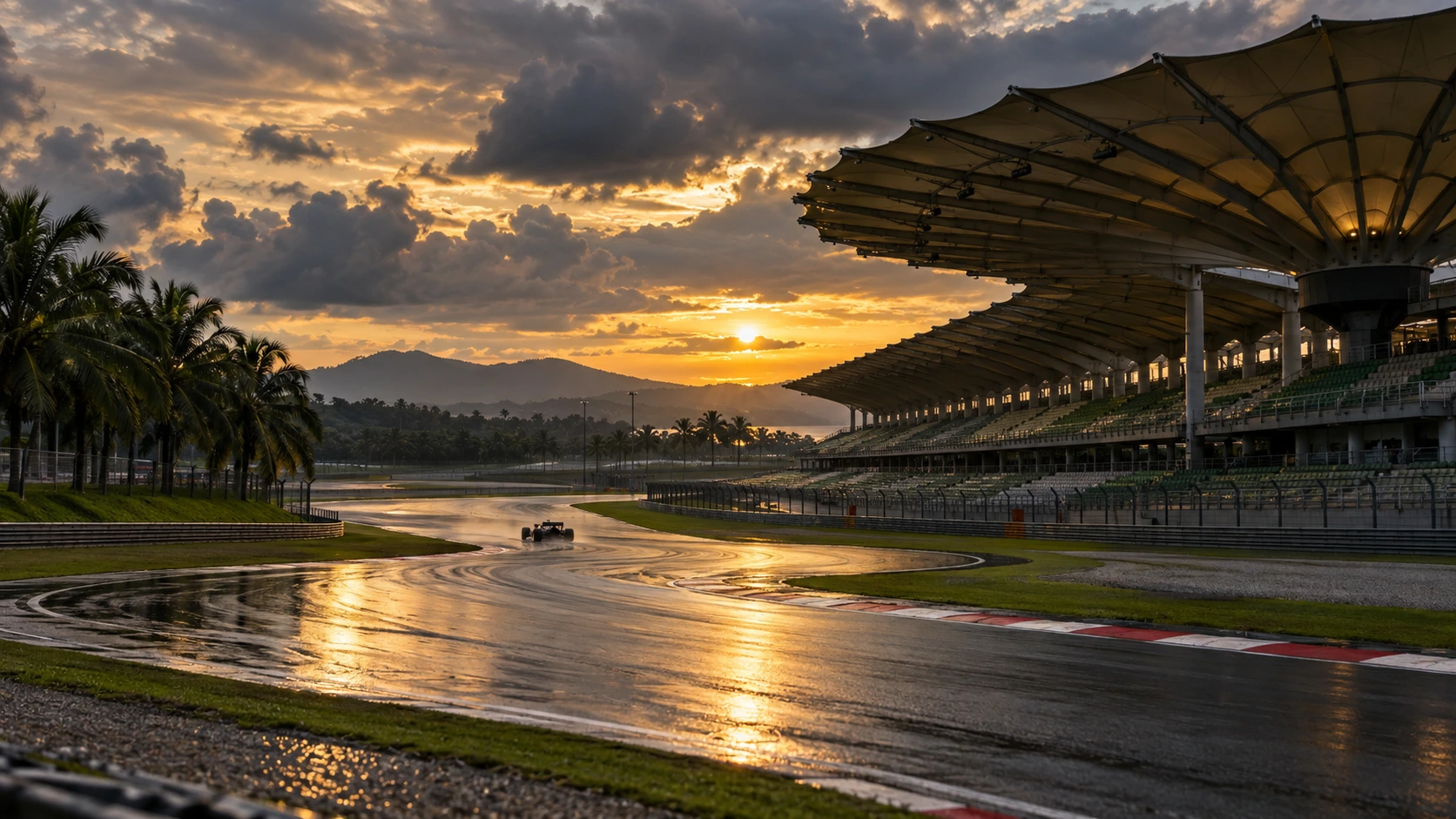 Wet, sweeping Sepang-inspired circuit beneath tropical palms and a long grandstand canopy.