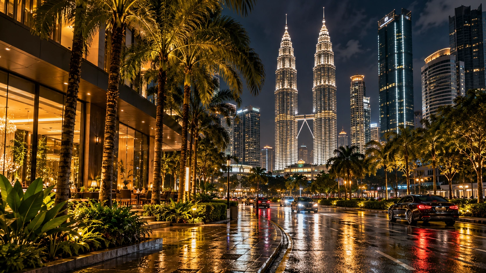 Kuala Lumpur's illuminated towers, palms and wet evening street.