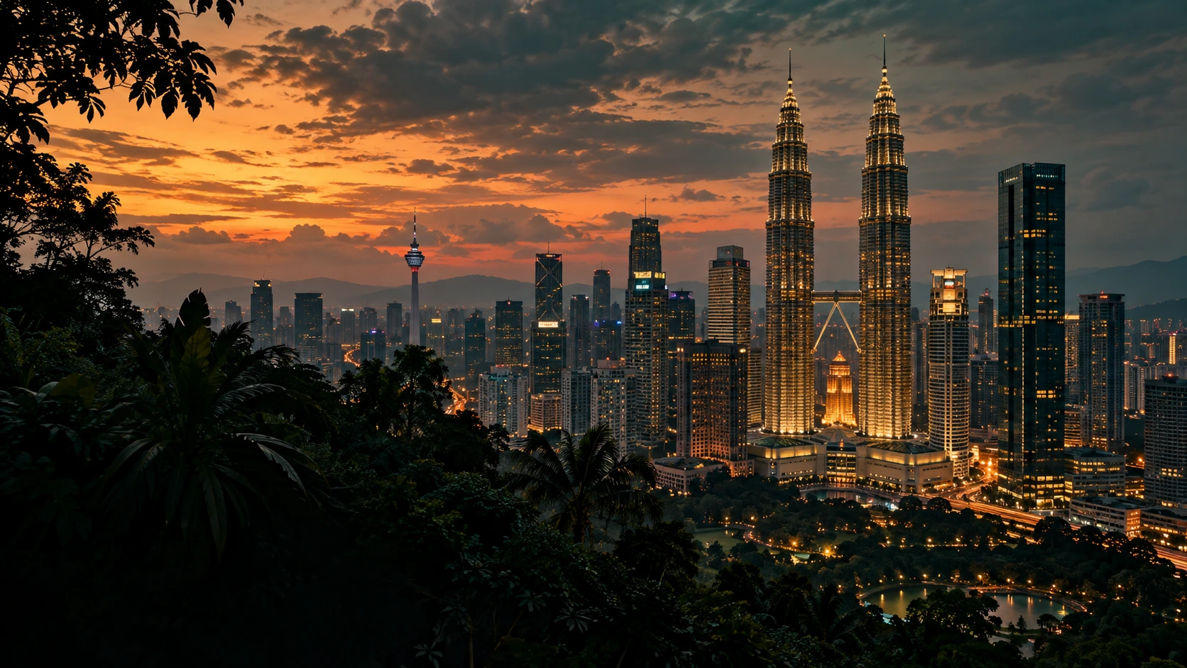 Kuala Lumpur skyline and tropical foliage at dusk.