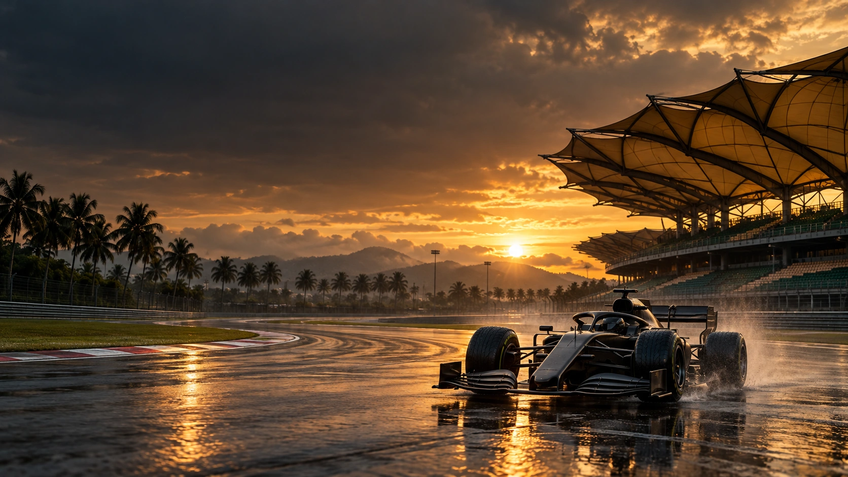 An unbranded black open-wheel car beneath Sepang-inspired canopies and dramatic tropical skies.