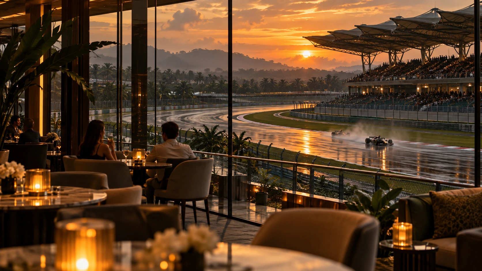 Anonymous trackside hospitality setting overlooking a wet circuit beneath a tropical evening sky.