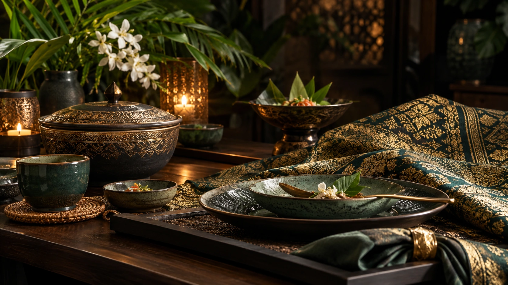 General Malaysian dining and craft atmosphere with ceramic tableware and patterned textile.