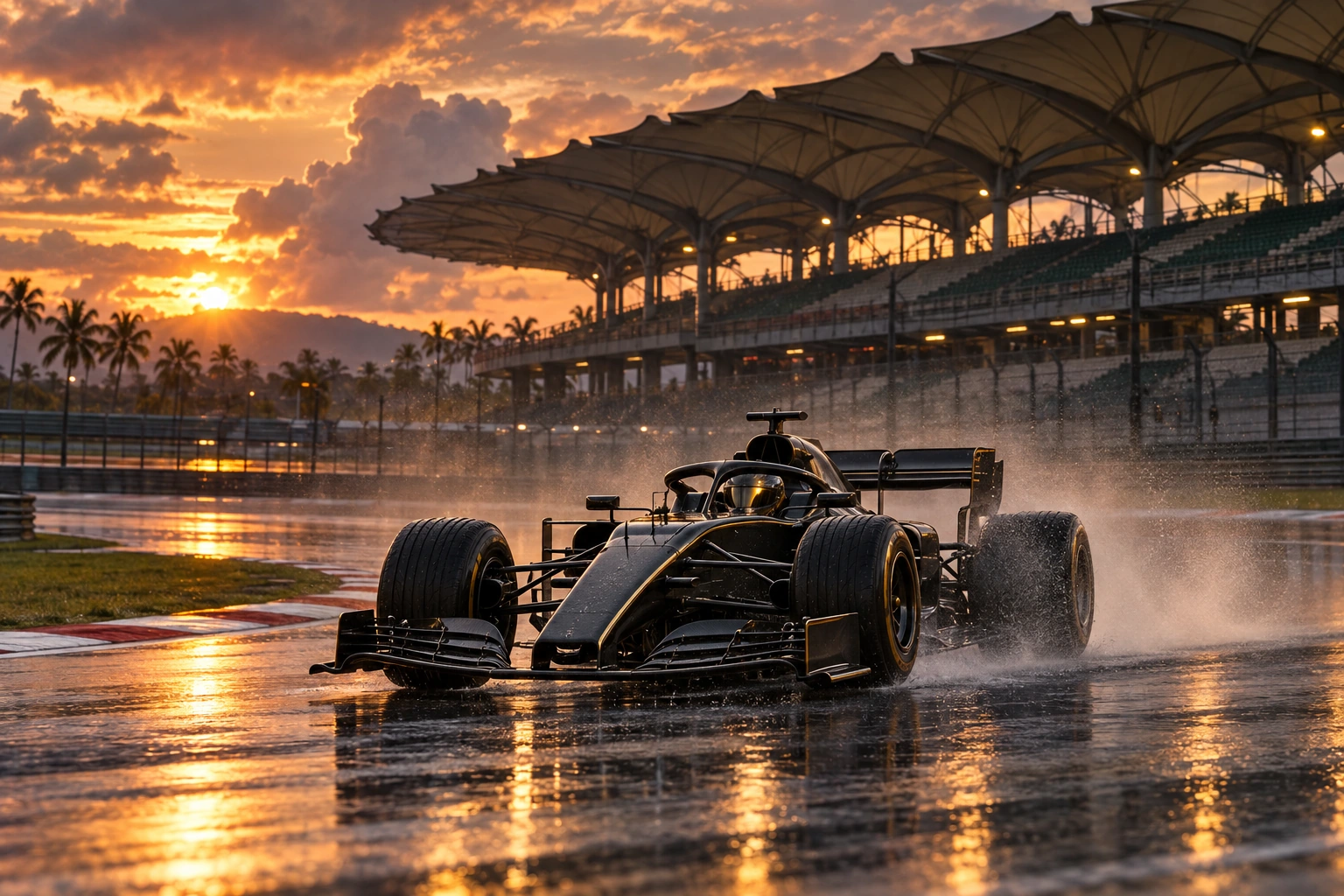 An unbranded black open-wheel racing car on a wet circuit beneath Sepang-style grandstand canopies and tropical clouds.