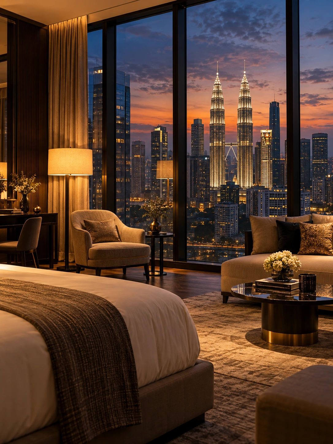 An atmospheric hotel lounge with warm lighting and a view of Kuala Lumpur’s skyline at dusk.