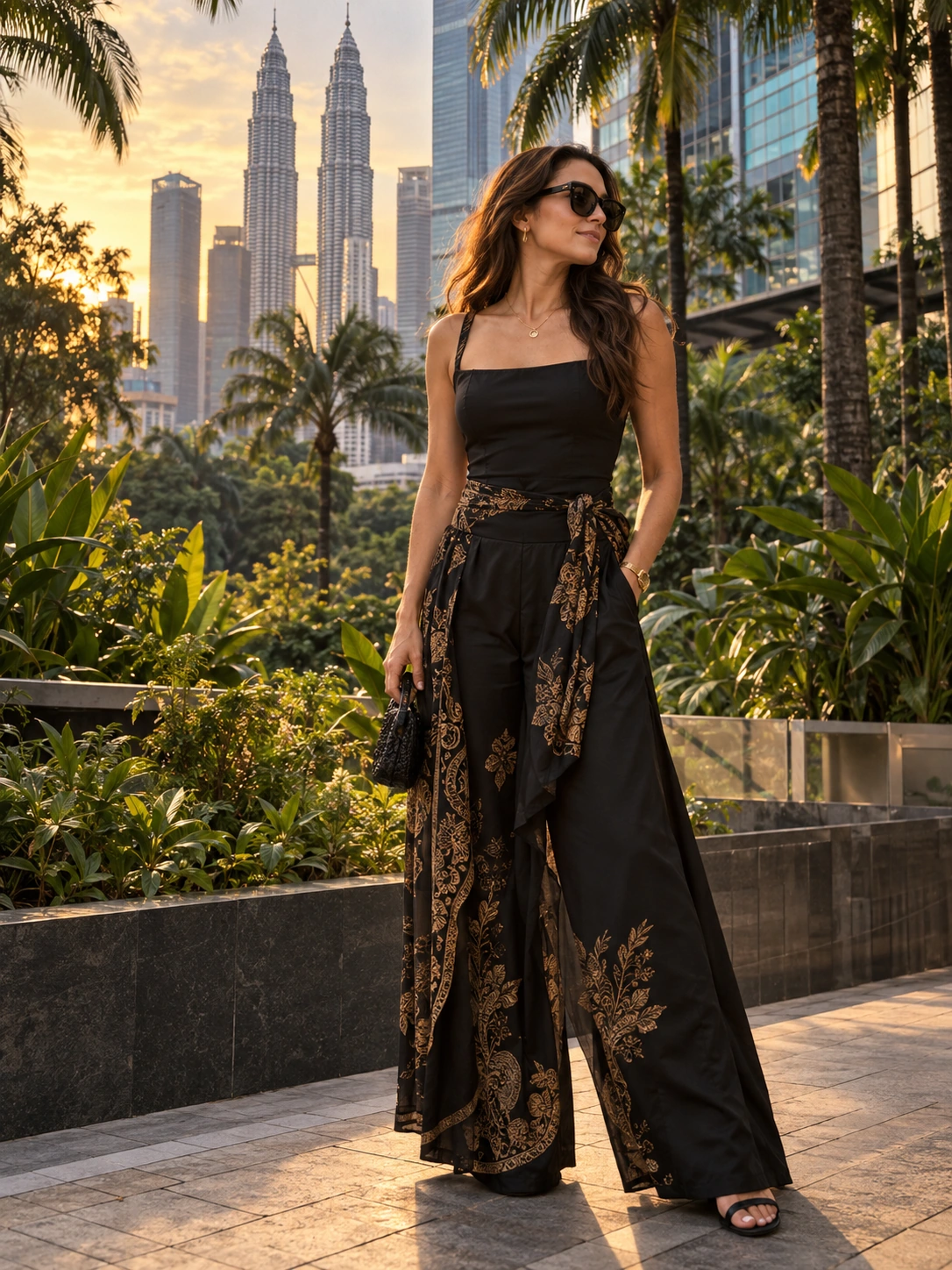 A woman in light black evening tailoring with a subtle batik accent in a tropical Kuala Lumpur setting.
