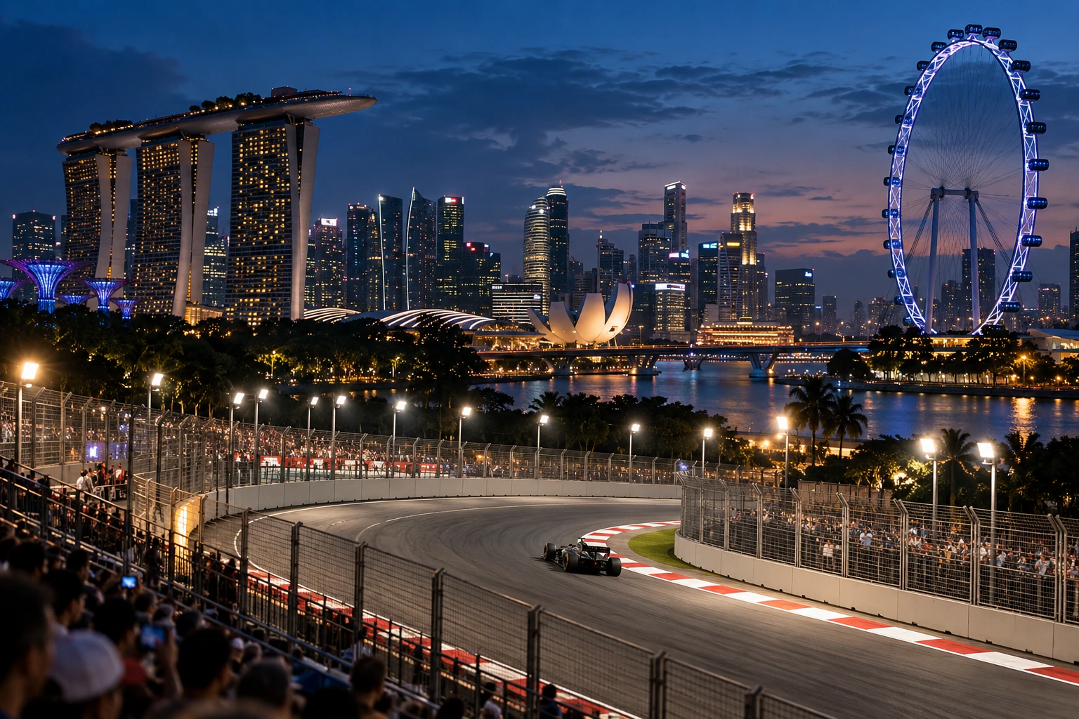 A dry Singapore-inspired street circuit curves beneath floodlights, with the Singapore Flyer and city skyline beyond.
