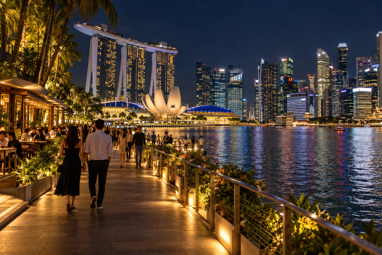 Marina Bay after dark, with a waterfront promenade, warm terrace light and Singapore’s illuminated skyline.