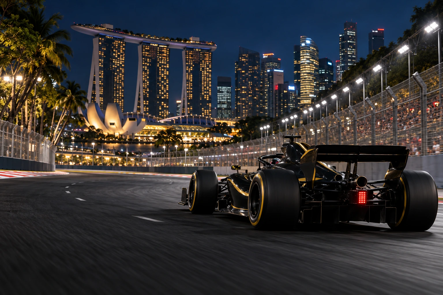 An unbranded black open-wheel racing car on an illuminated Singapore-inspired street circuit at night.