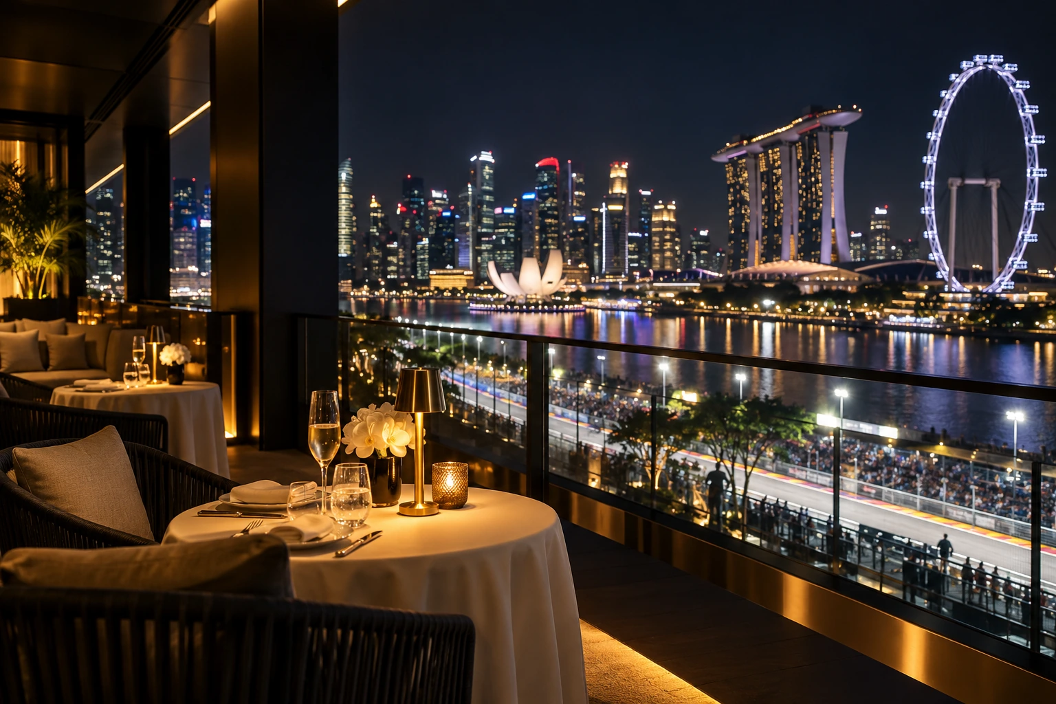 An anonymous Singapore hospitality balcony with warm table lighting and the illuminated Singapore Flyer beyond.