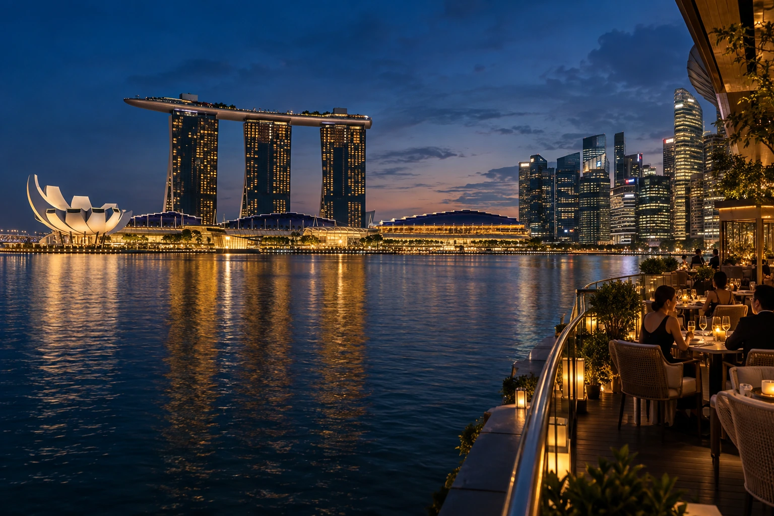 Marina Bay at dusk, with Singapore’s illuminated skyline reflected in the water and warm terrace light.