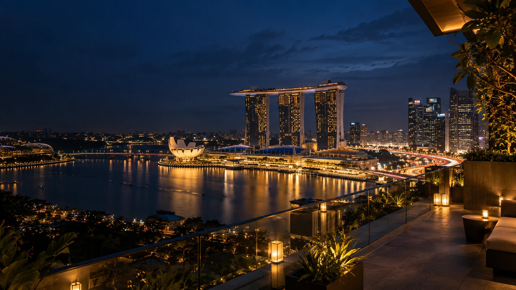 An anonymous refined Marina Bay terrace with warm evening light and Singapore skyline views.