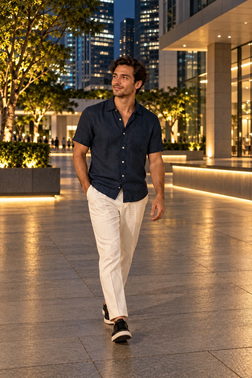 A man in a navy short-sleeve linen shirt, relaxed ivory trousers and black walking sneakers in a Singapore architectural plaza at dusk.