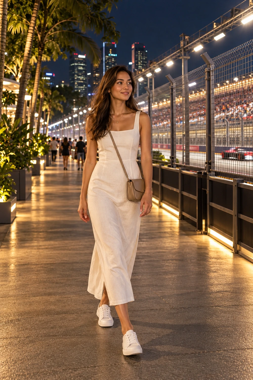A woman in a cream sleeveless linen column dress, a small crossbody and low-profile white walking shoes beside the illuminated circuit fencing and grandstand.