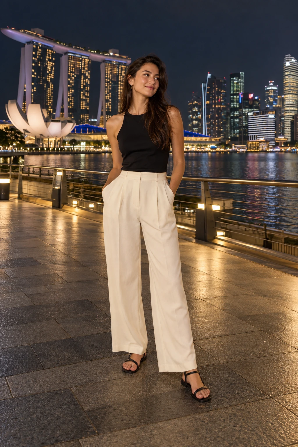 A woman in a black sleeveless top, ivory fluid trousers and secure flat sandals in a confident pose on a Singapore circuit walkway.